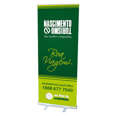 banner roll up stand montado feira de turismo
